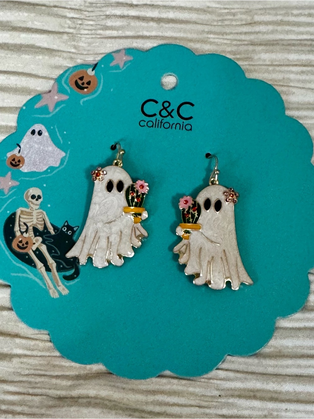 C&C California White Ghost Earrings with Pink Flower Pots
